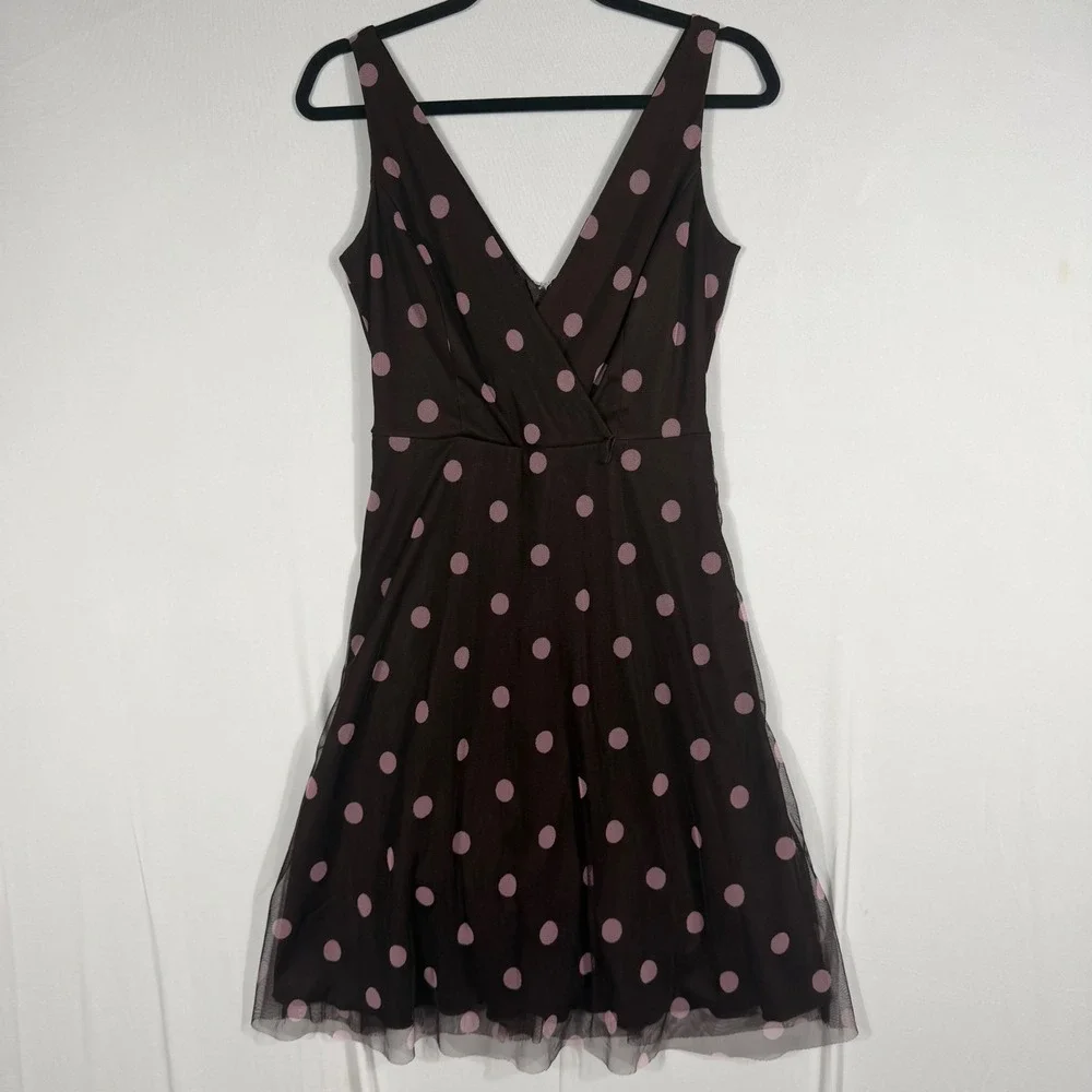 Vtg 90s Y2K A. Byer Midi Dress Sm Brown Pink Polka Dot Mesh Overlay Fit & Flare - Picture 2 of 6